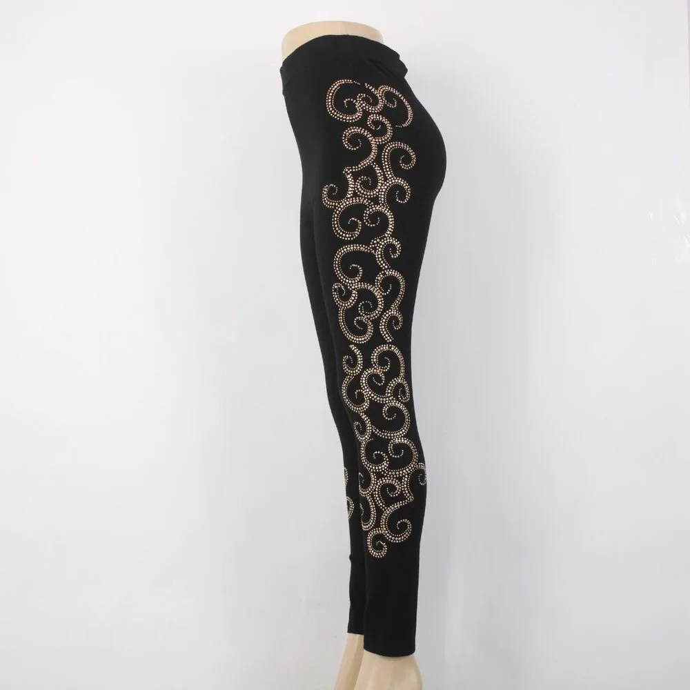 Mode Lia Legging Pant Sz L x 29 Black Gold Embellishment Swirls Rayon Leggings - Picture 3 of 12